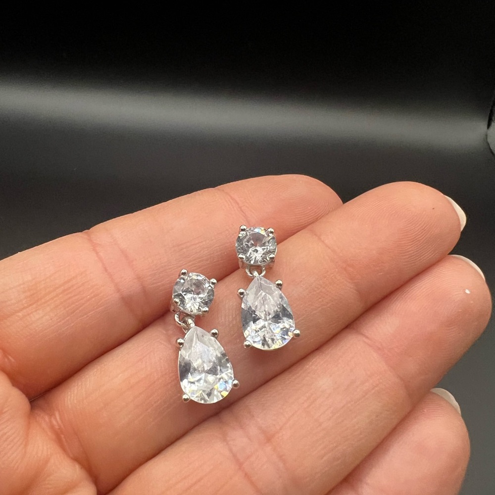 Elegant Two Stone Silver Tone Drop Earrings - Picture 2 of 4